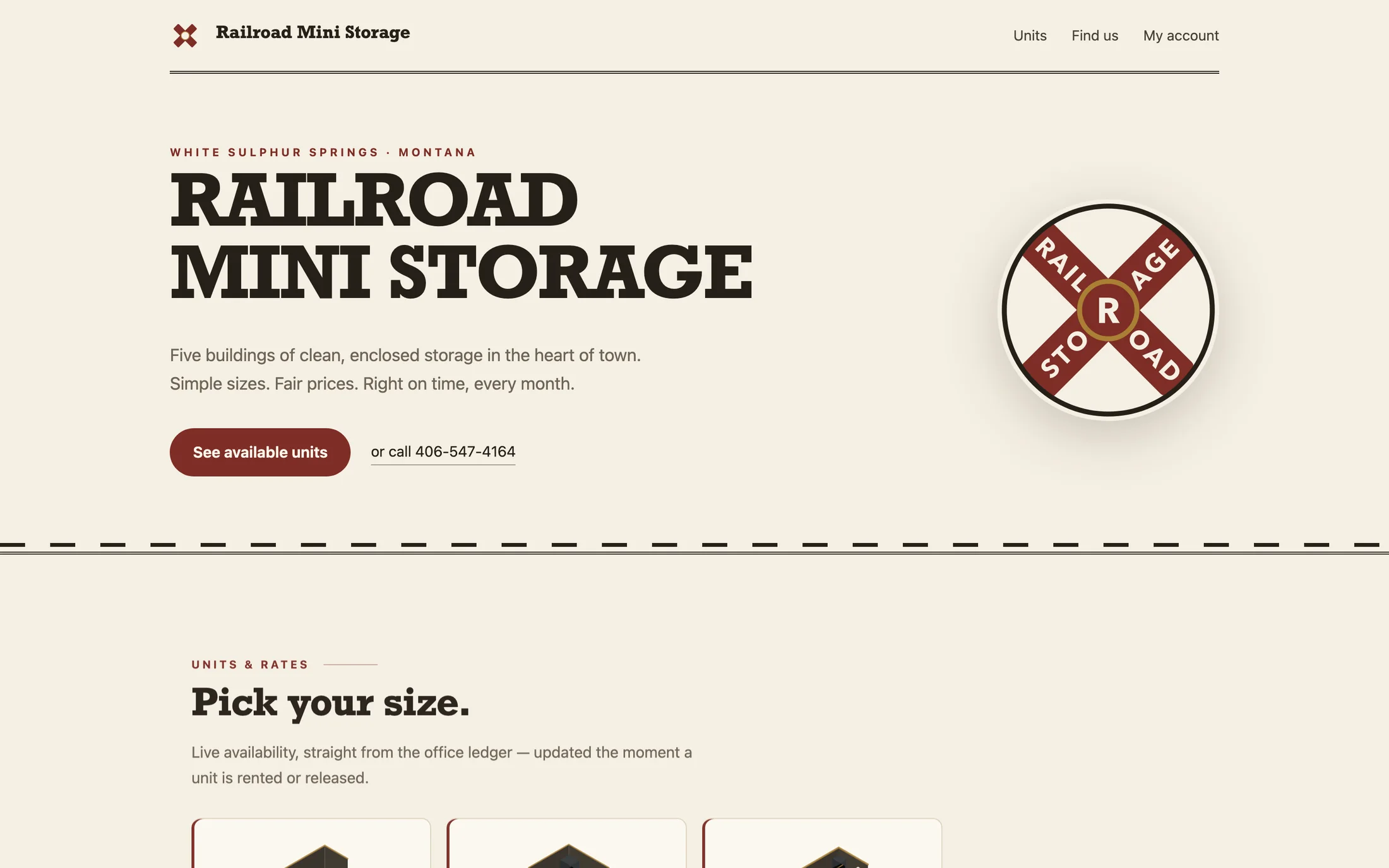 Another operator's website: a cream and oxblood railroad-heritage design with a crossbuck emblem
