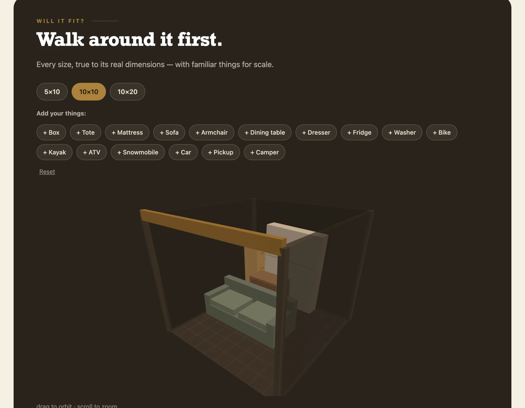 A 3D storage-unit visualizer: a furnished 10 by 10 unit renters can orbit, with buttons to add their own items